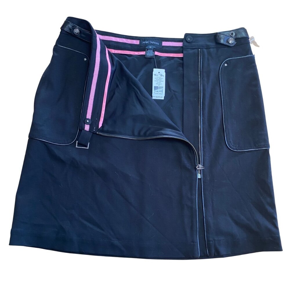 NWT PINK TARTAN STRETCH BLACK WITH FAUX LEATHER ACCENTS, 14, DISCOUNTED